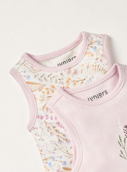 Juniors Floral Print Sleeveless Bodysuit with Button Closure - Set of 2-baby-girls-clothing-bodysuits-image-4