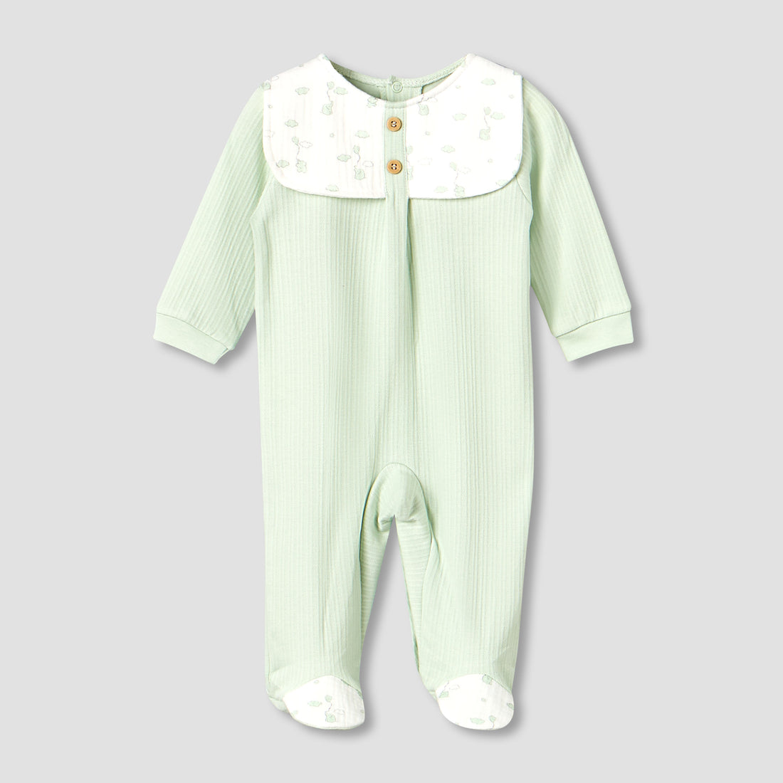 Giggles Cotton Round Neck Long Sleeves Sleepsuit with Printed Collar - Green / 9-12 mths