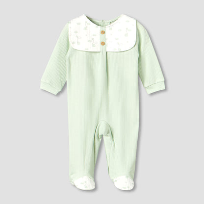 Giggles Cotton Round Neck Long Sleeves Sleepsuit with Printed Collar - Green / 9-12 mths