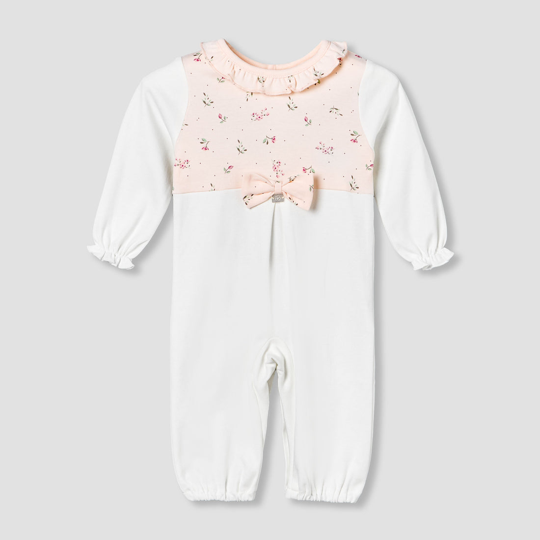 Juniors Cotton Ruffle Neck Long Sleeves Sleepsuit with Floral Print - White / 12-18 mths