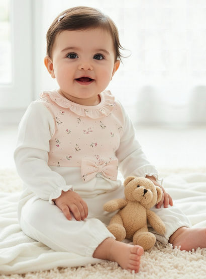Juniors Cotton Ruffle Neck Long Sleeves Sleepsuit with Floral Print-baby-girls-clothing-nightwear-sleepsuits-image-1