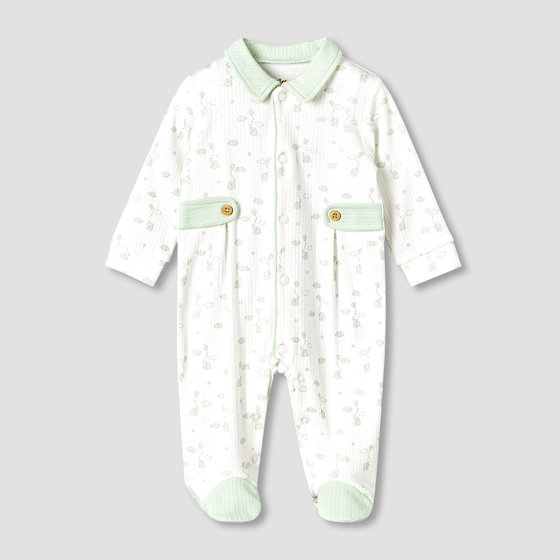 Giggles Cotton Peter Pan Collar Long Sleeves Sleepsuit with Elephant Print - Green / 9-12 mths