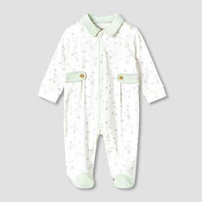 Giggles Cotton Peter Pan Collar Long Sleeves Sleepsuit with Elephant Print - Green / 9-12 mths