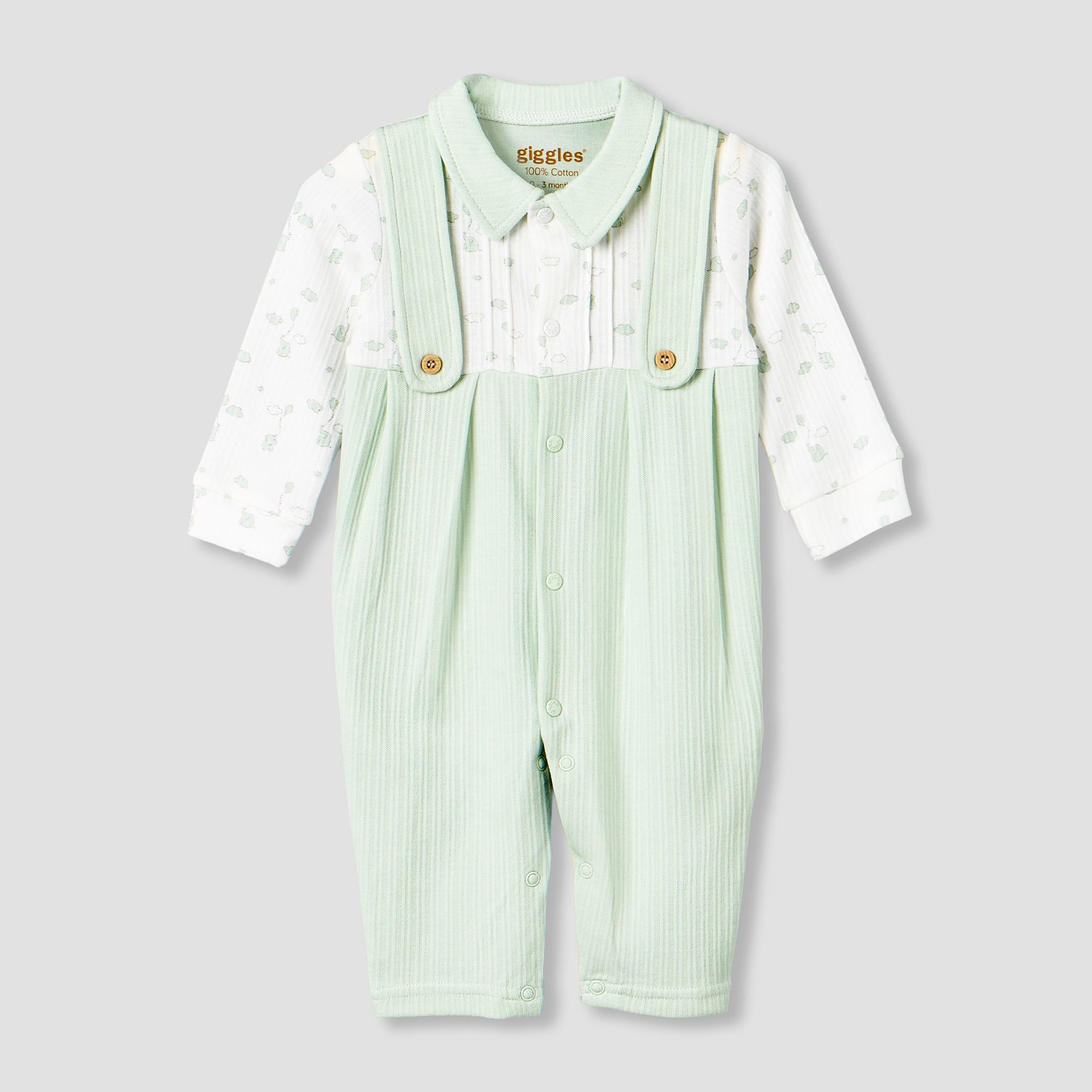 Giggles Cotton Collared Long Sleeves Sleepsuit with Snap Button Closure - Green / 12-18 mths