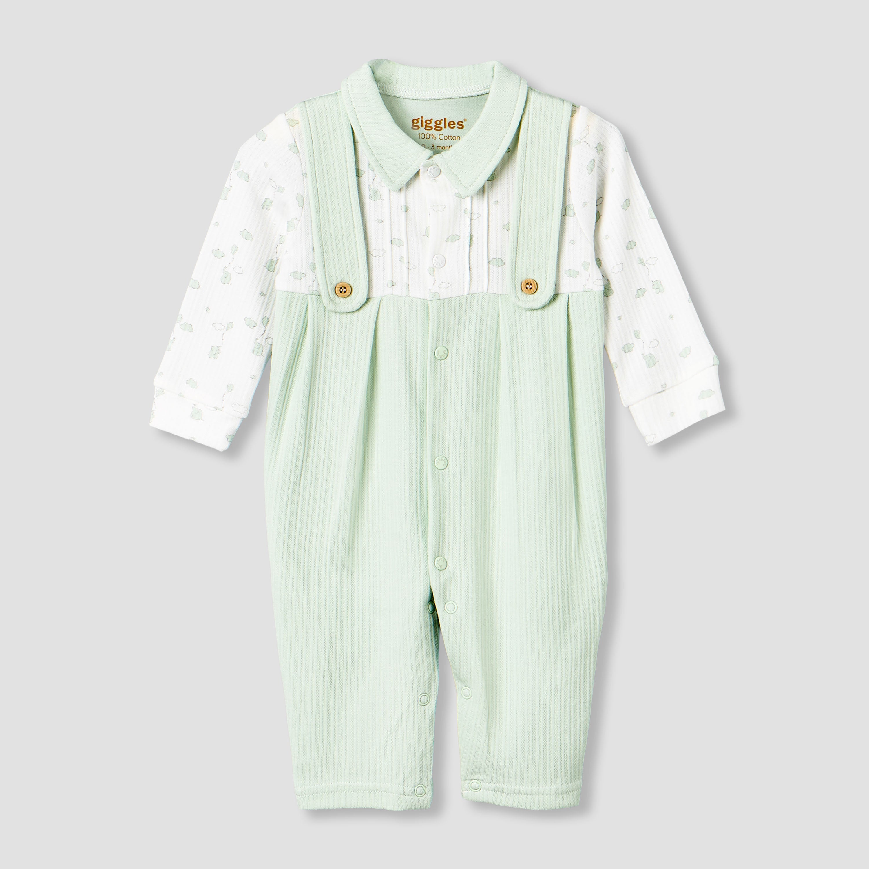 Giggles Cotton Collared Long Sleeves Sleepsuit with Snap Button Closure - Green / 12-18 mths