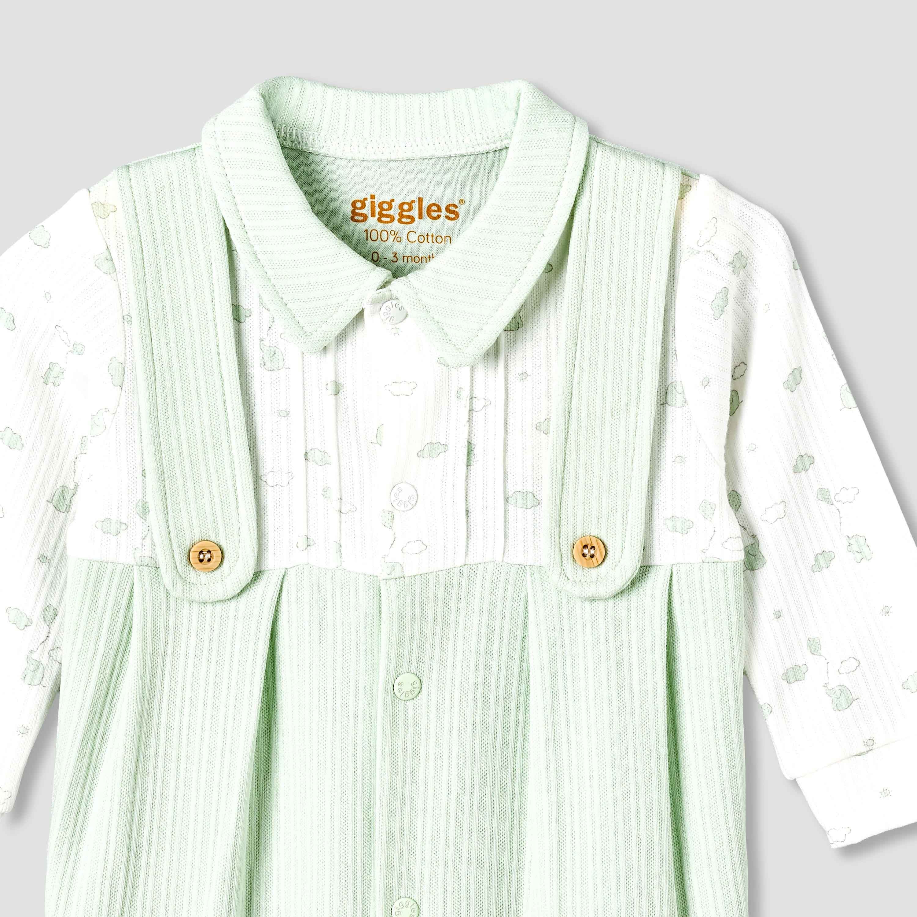 Giggles Cotton Collared Long Sleeves Sleepsuit with Snap Button Closure