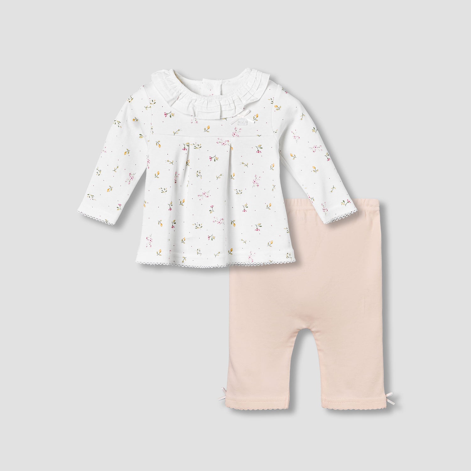 Juniors Cotton Ruffle Neck Long Sleeves Pyjama Set with Print - White / 12-18 mths