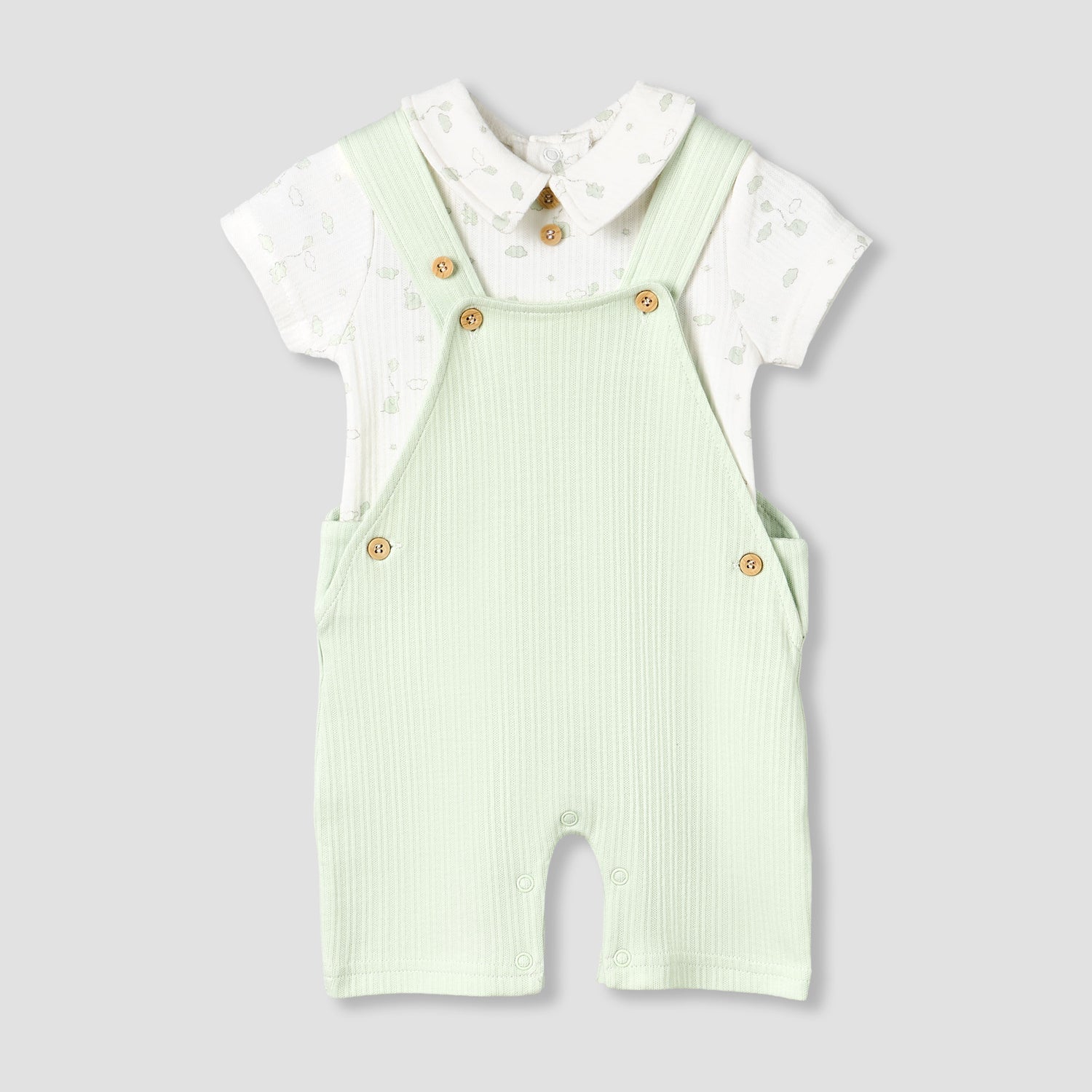 Giggles Collared Short Sleeves Top and Dungaree Set with Print - Green / 12-18 mths