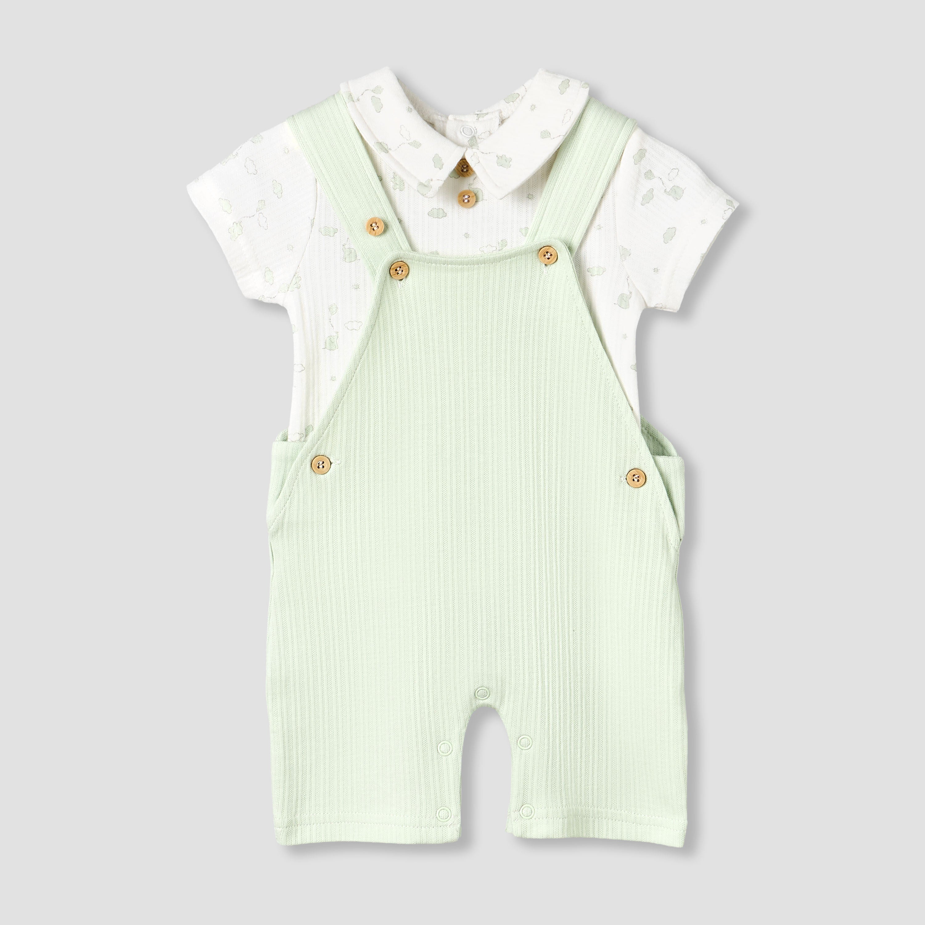 Giggles Collared Short Sleeves Top and Dungaree Set with Print - Green / 12-18 mths