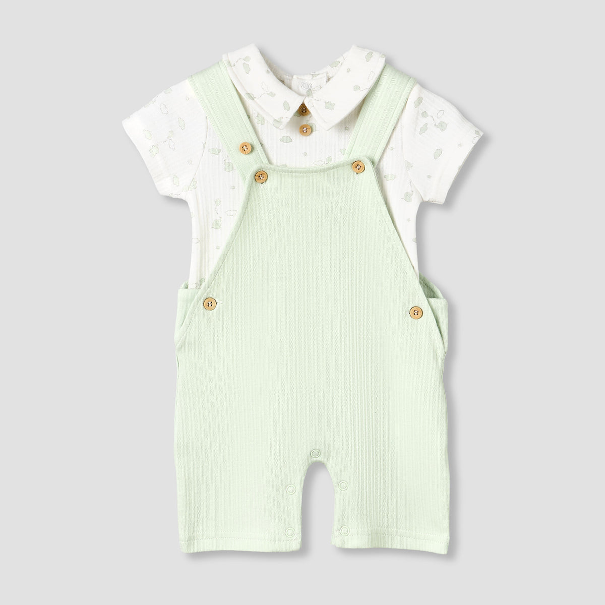Giggles Collared Short Sleeves Top and Dungaree Set with Print