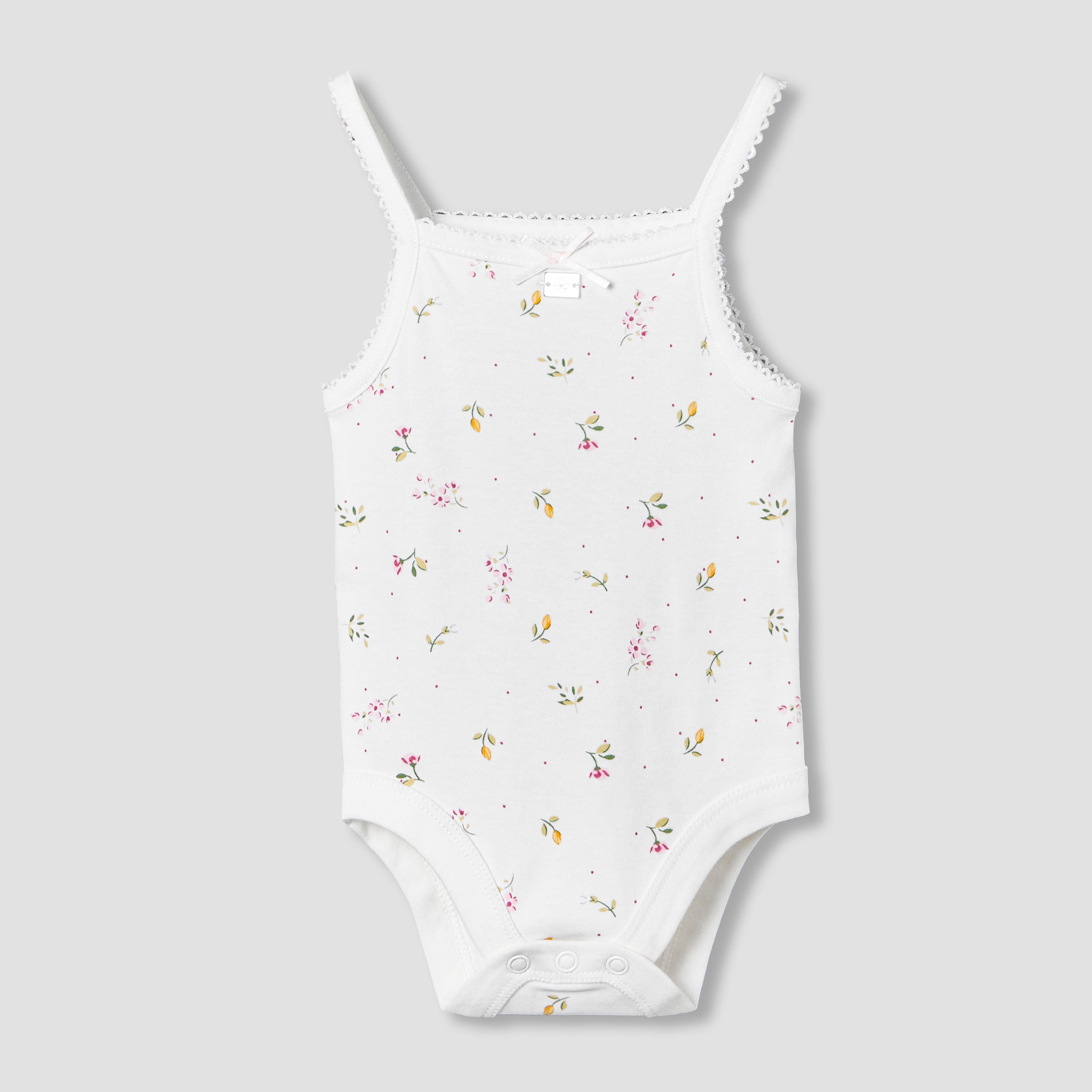 Juniors Cotton Square Neck Strappy Bodysuit with Floral Print - White / 12-18 mths
