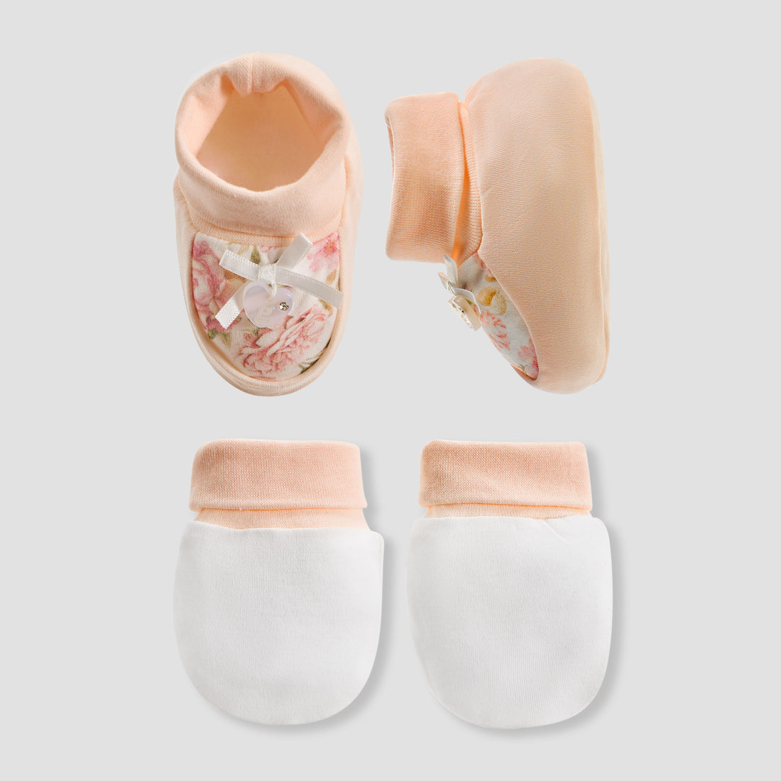 Giggles Floral Print Booties with Colourblock Mittens - Peach / 0-6 mths
