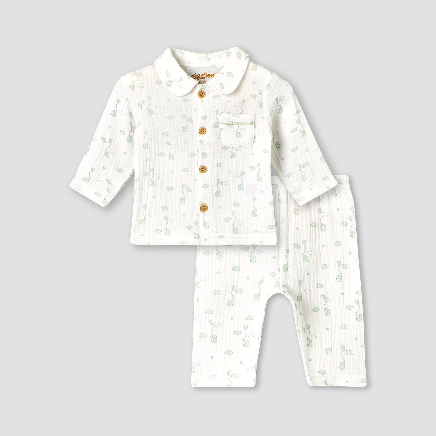 Giggles Cotton Collared Long Sleeves Pyjama Set with Elephant Print - Green / 12-18 mths
