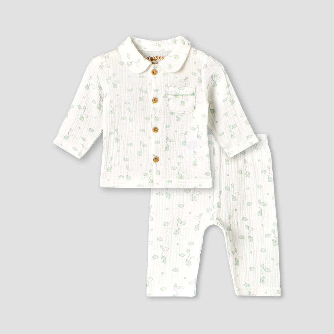 Giggles Cotton Collared Long Sleeves Pyjama Set with Elephant Print