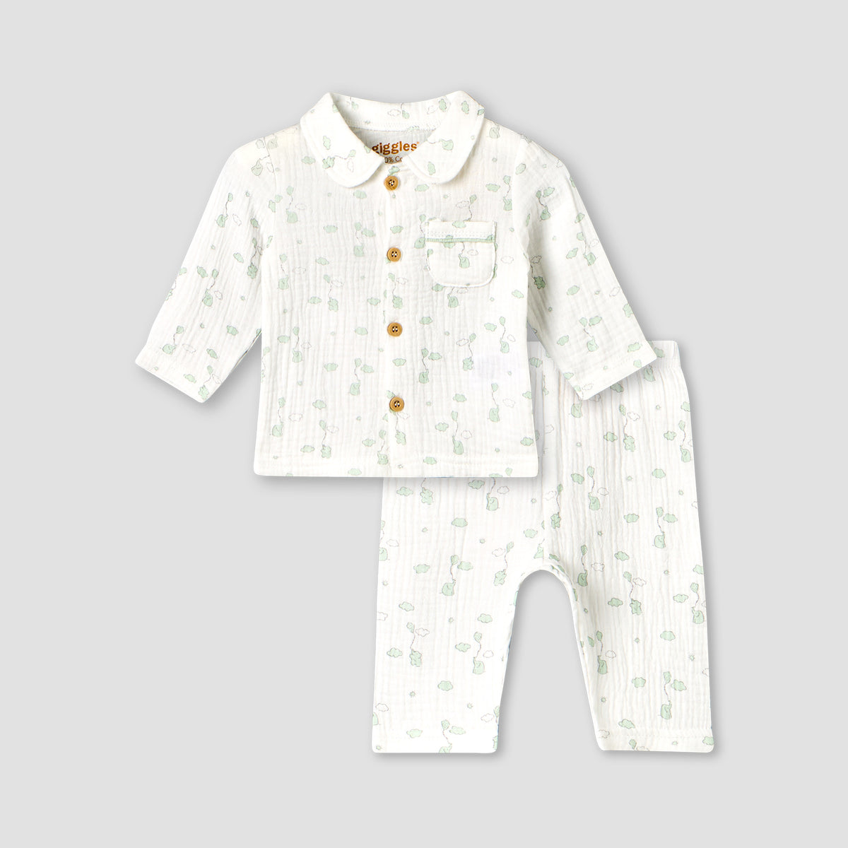 Giggles Cotton Collared Long Sleeves Pyjama Set with Elephant Print