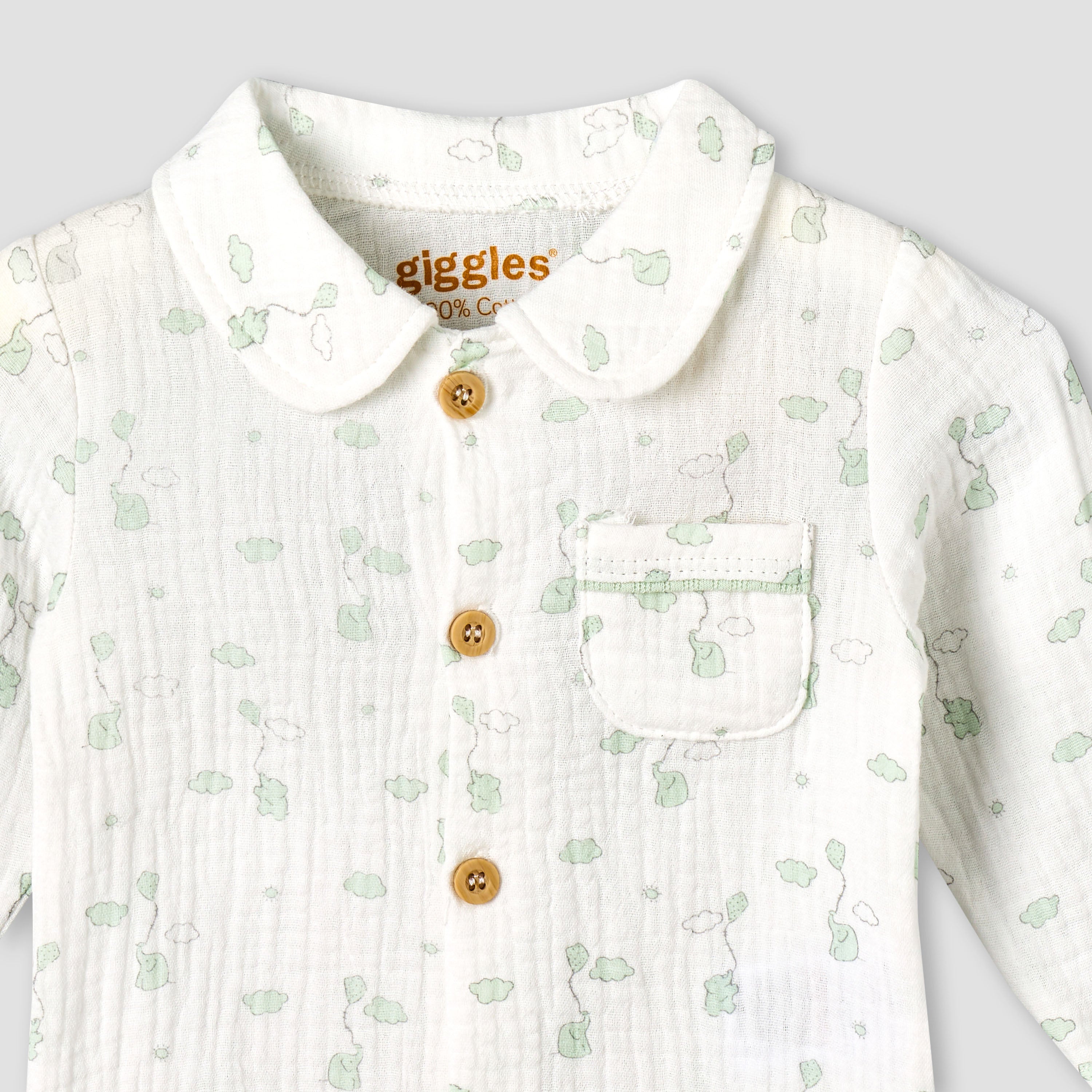 Giggles Cotton Collared Long Sleeves Pyjama Set with Elephant Print