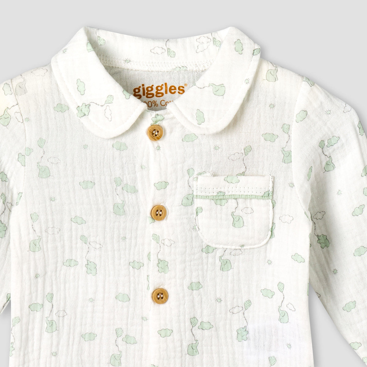 Giggles Cotton Collared Long Sleeves Pyjama Set with Elephant Print