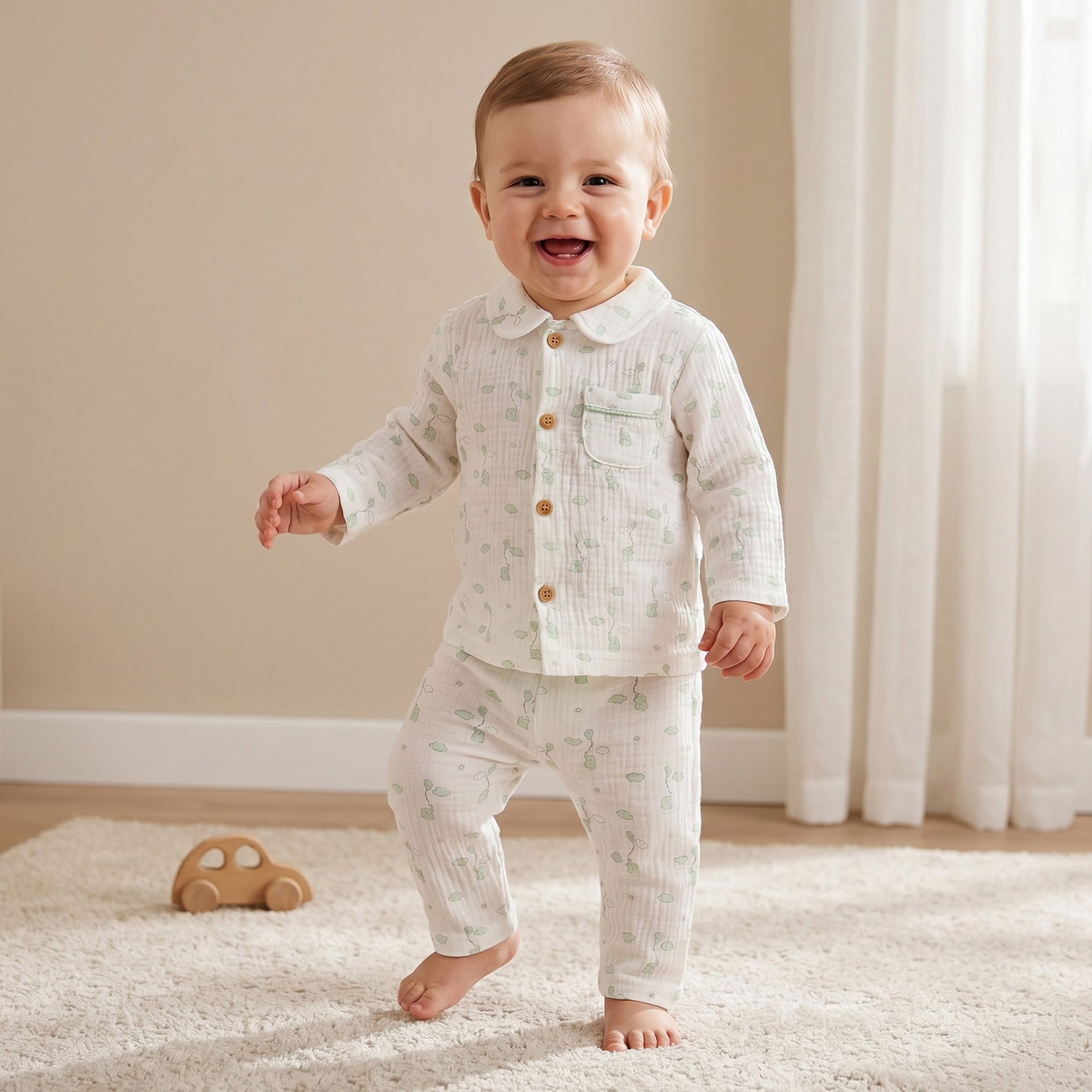 Giggles Cotton Collared Long Sleeves Pyjama Set with Elephant Print - Green / 12-18 mths