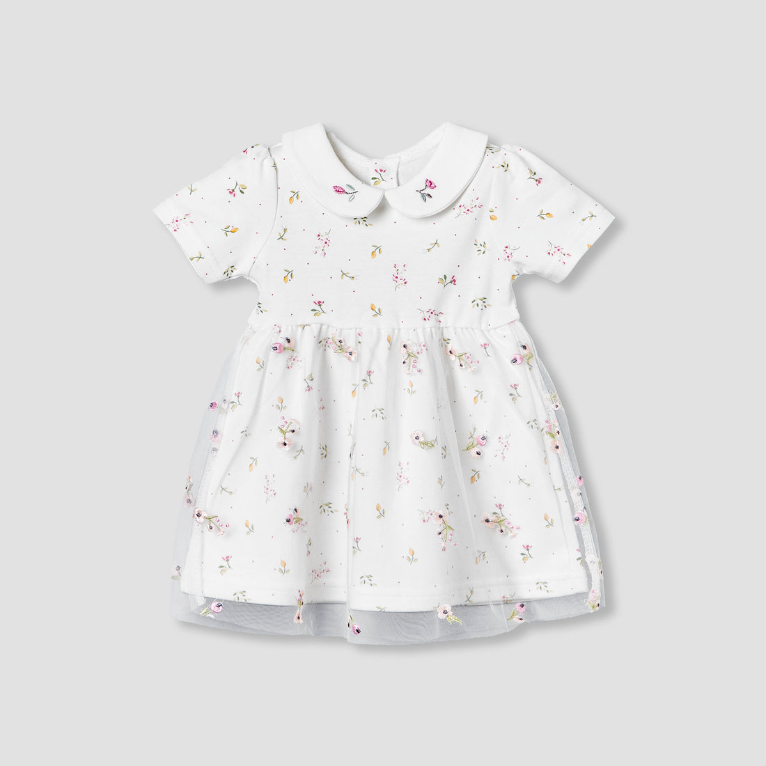 Juniors Collared Short Sleeves Dress with Floral Print - White / 12-18 mths