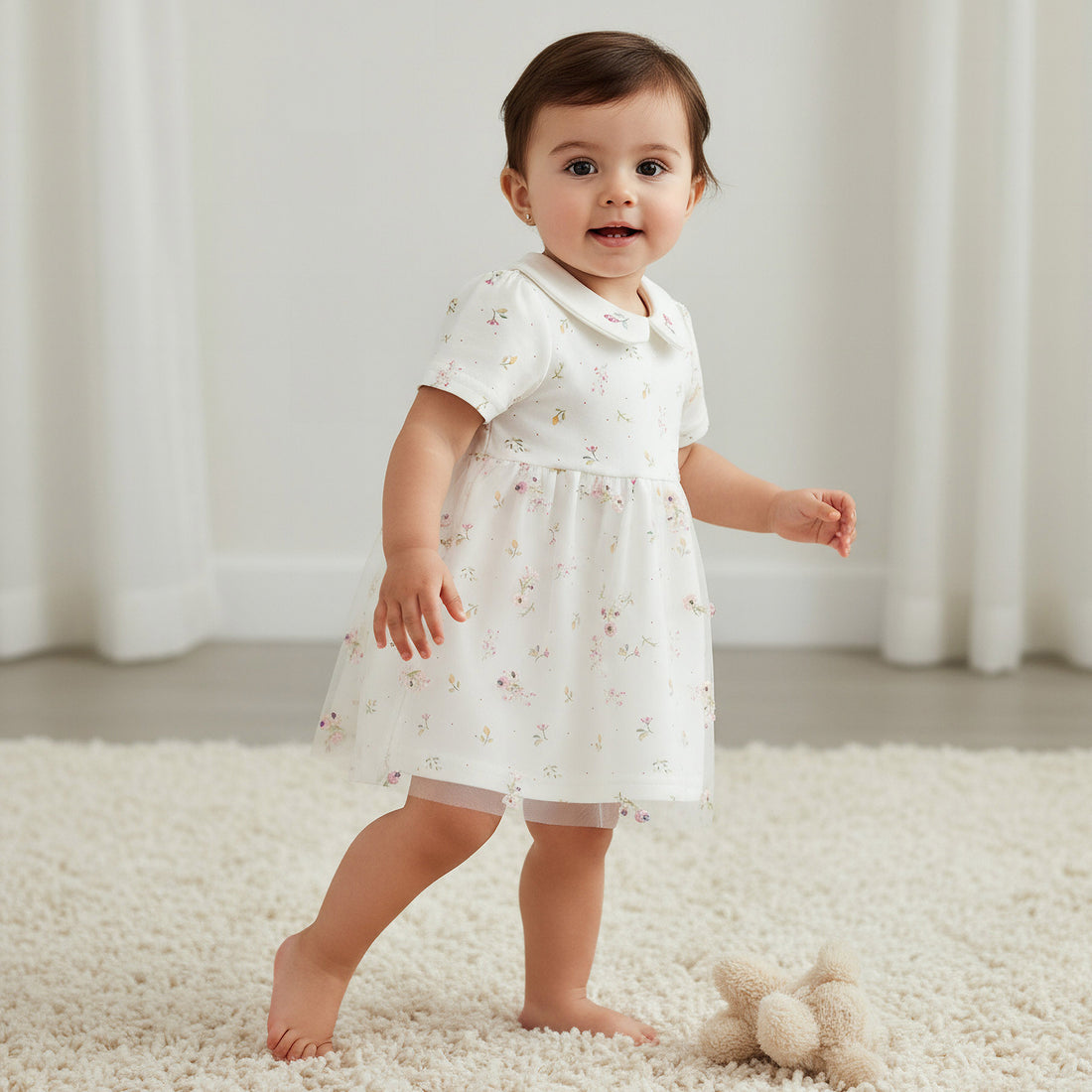 Juniors Collared Short Sleeves Dress with Floral Print - White / 12-18 mths