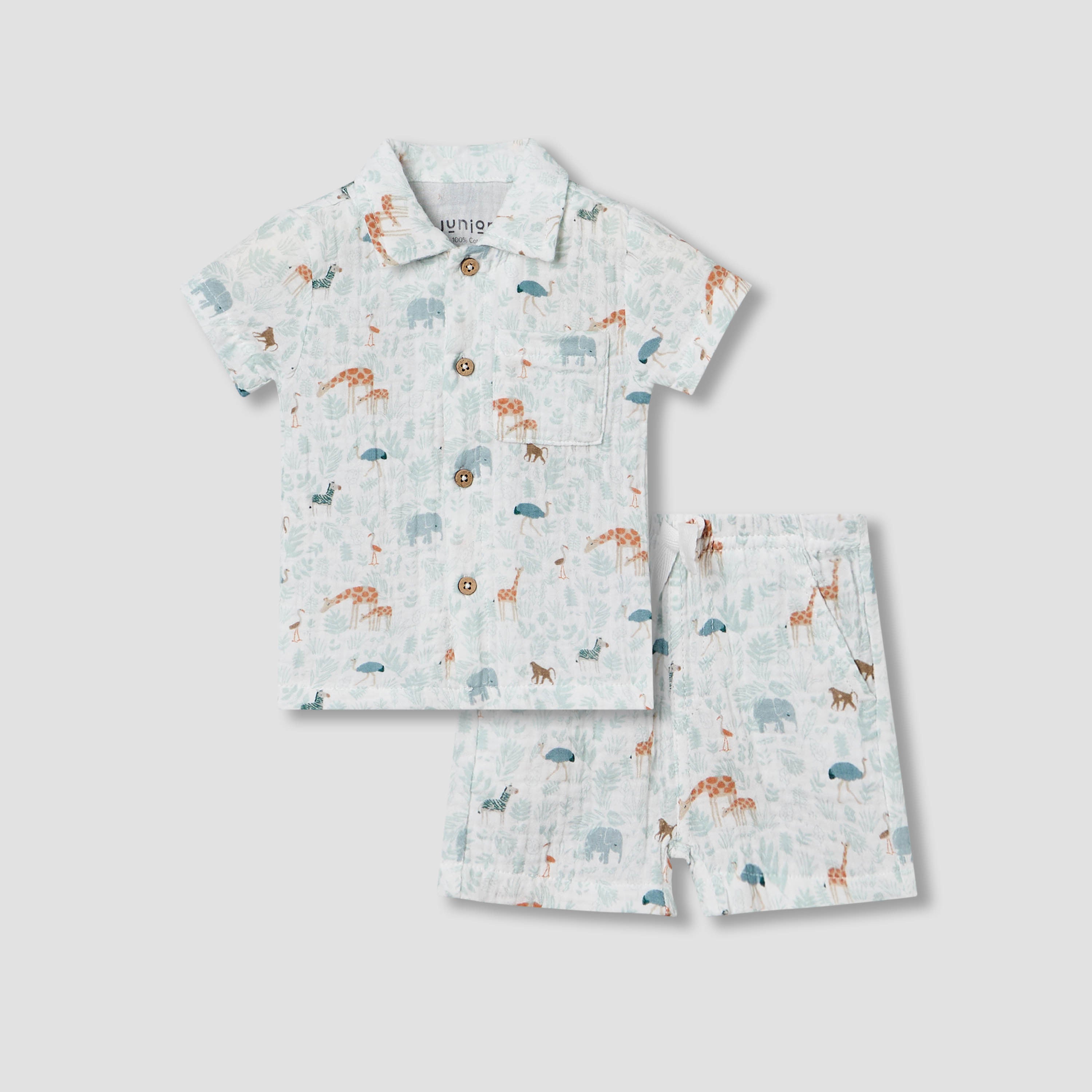 Juniors Cotton Collared Short Sleeve Pyjama Set with Safari Print