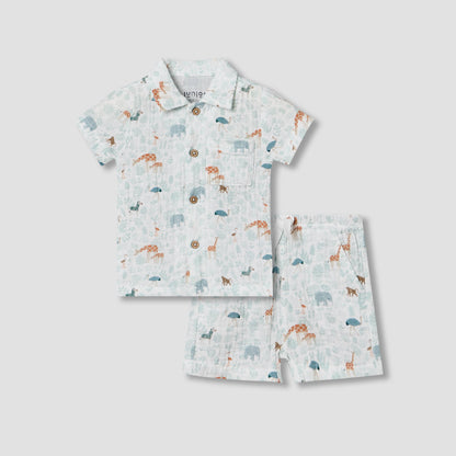 Juniors Cotton Collared Short Sleeve Pyjama Set with Safari Print