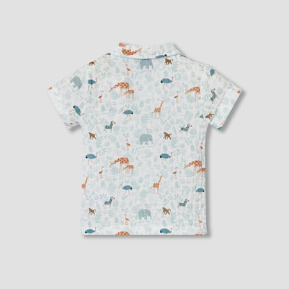 Juniors Cotton Collared Short Sleeve Pyjama Set with Safari Print