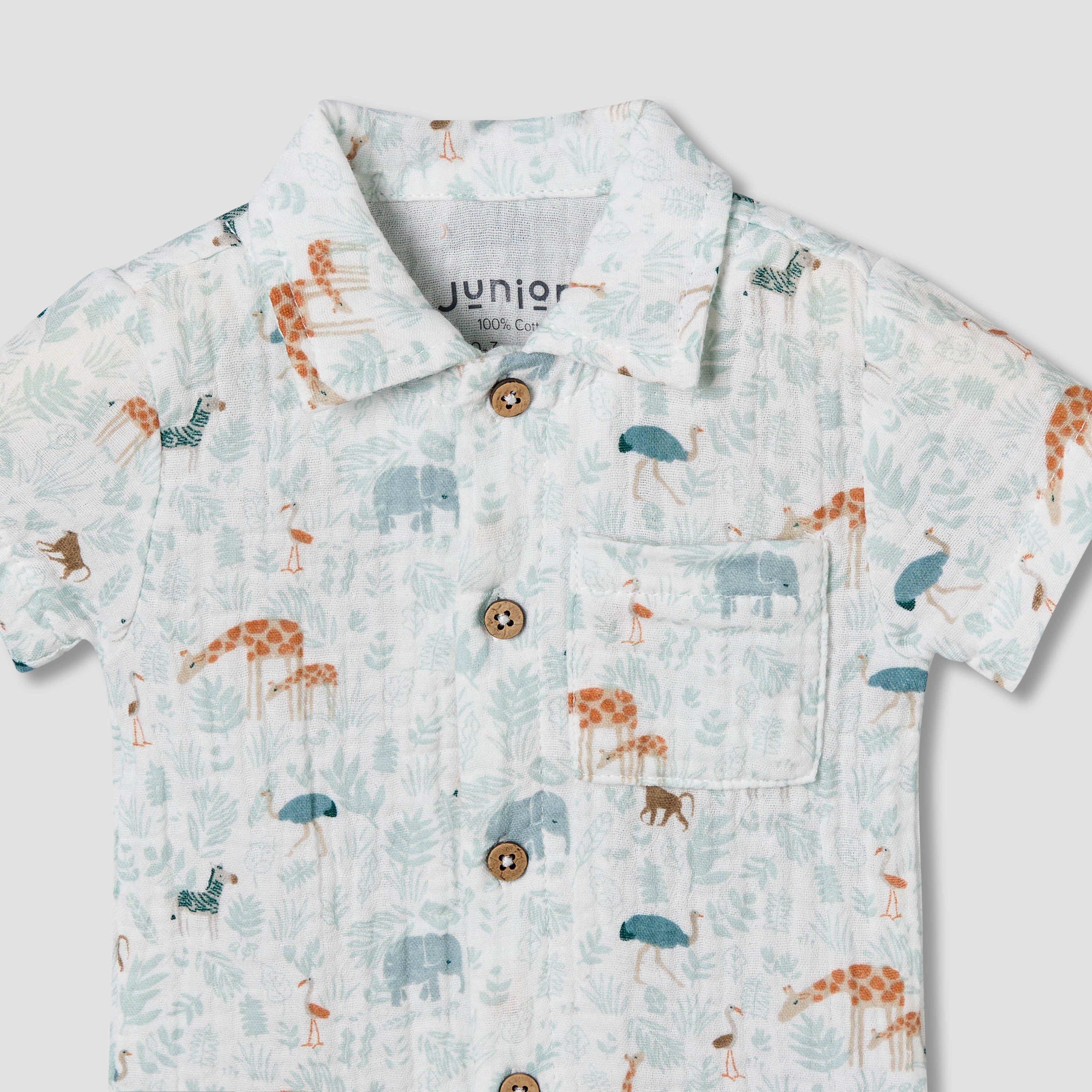 Juniors Cotton Collared Short Sleeve Pyjama Set with Safari Print