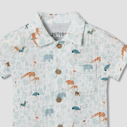 Juniors Cotton Collared Short Sleeve Pyjama Set with Safari Print