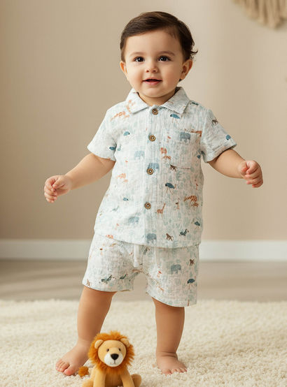 Juniors Cotton Collared Short Sleeve Pyjama Set with Safari Print-baby-boys-clothing-nightwear-pyjamasets-image-1