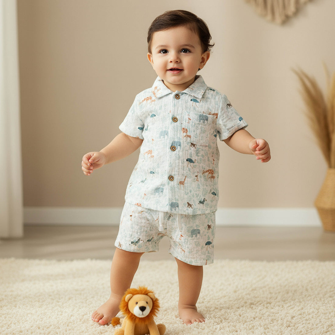 Juniors Cotton Collared Short Sleeve Pyjama Set with Safari Print - White / 12-18 mths