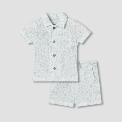 Juniors Cotton Collared Short Sleeves Shorts Set with Print