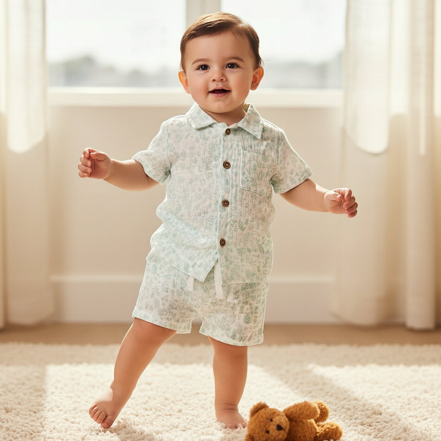 Juniors Cotton Collared Short Sleeves Shorts Set with Print