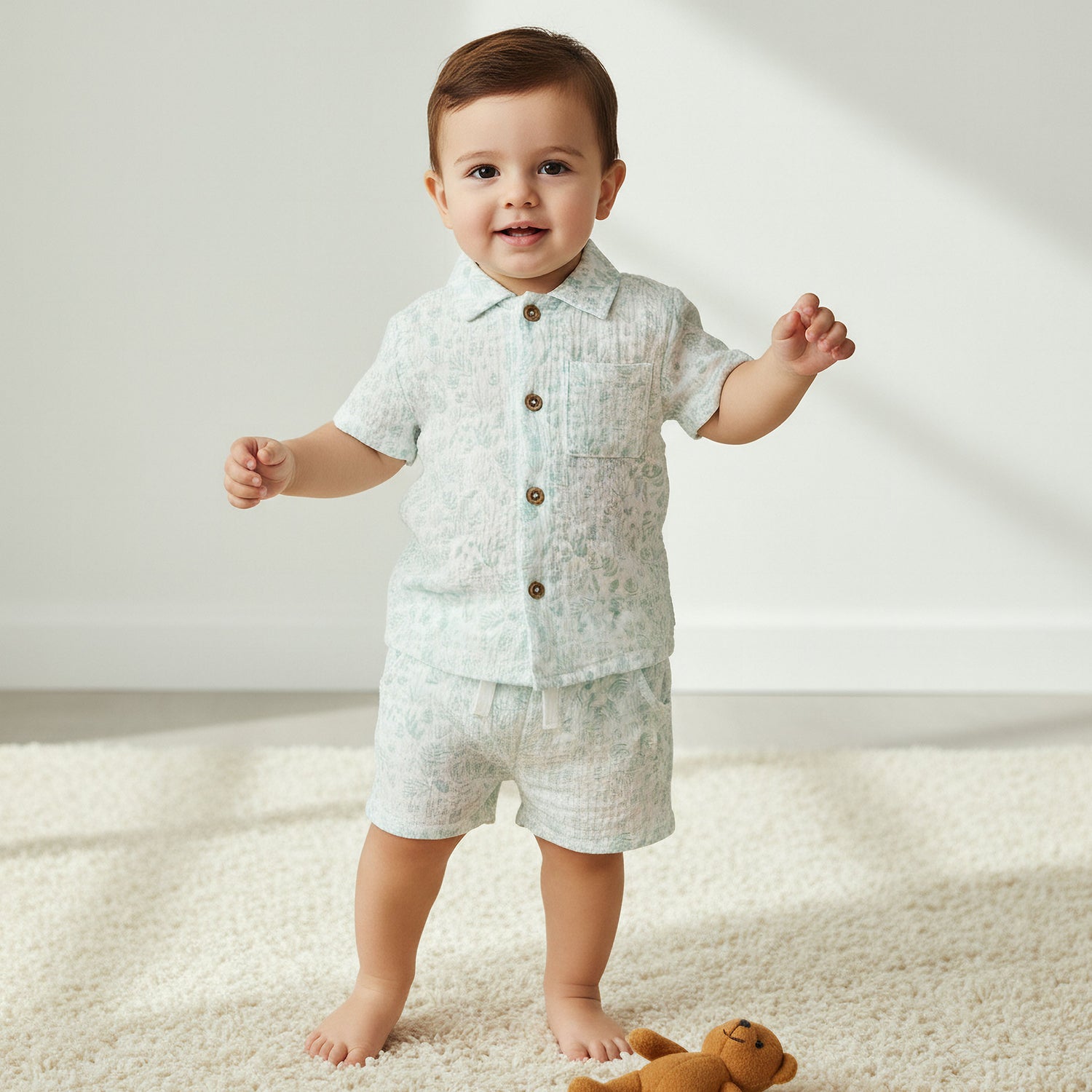 Juniors Cotton Collared Short Sleeves Shorts Set with Print