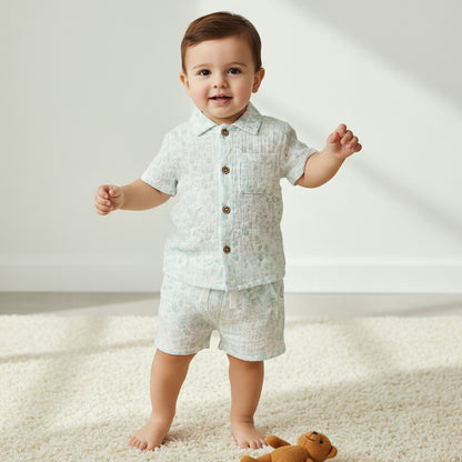 Juniors Cotton Collared Short Sleeves Shorts Set with Print