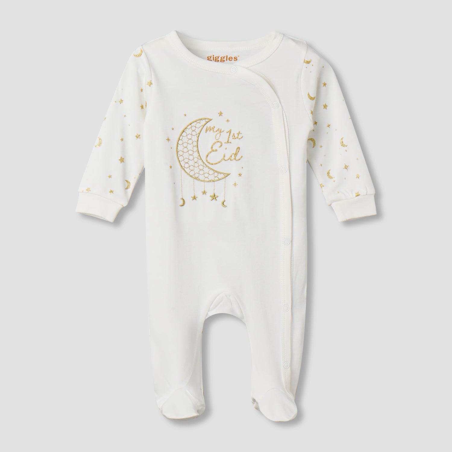 Giggles Cotton Round Neck Long Sleeve Sleepsuit with Snap Button Closure - Cream / 9-12 mths