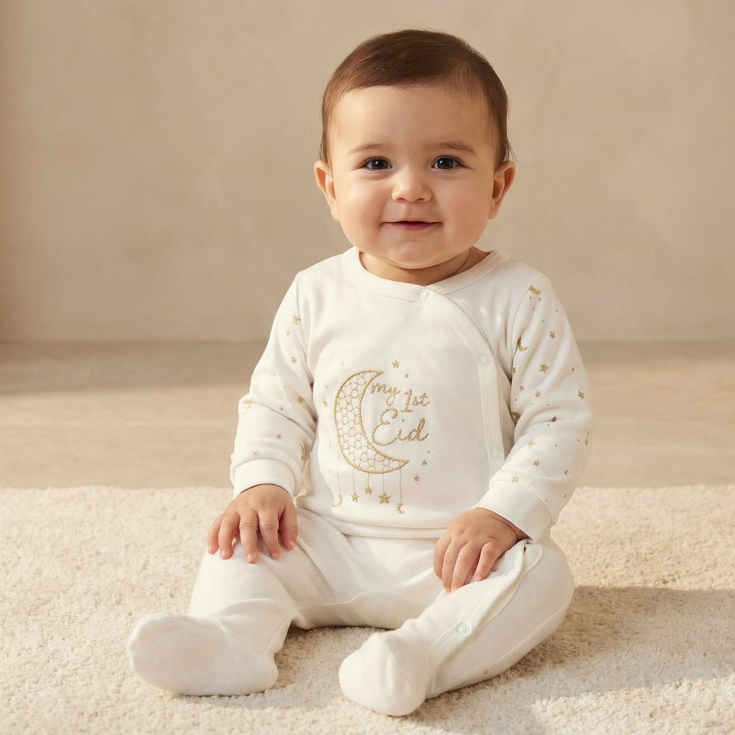 Giggles Cotton Round Neck Long Sleeve Sleepsuit with Snap Button Closure