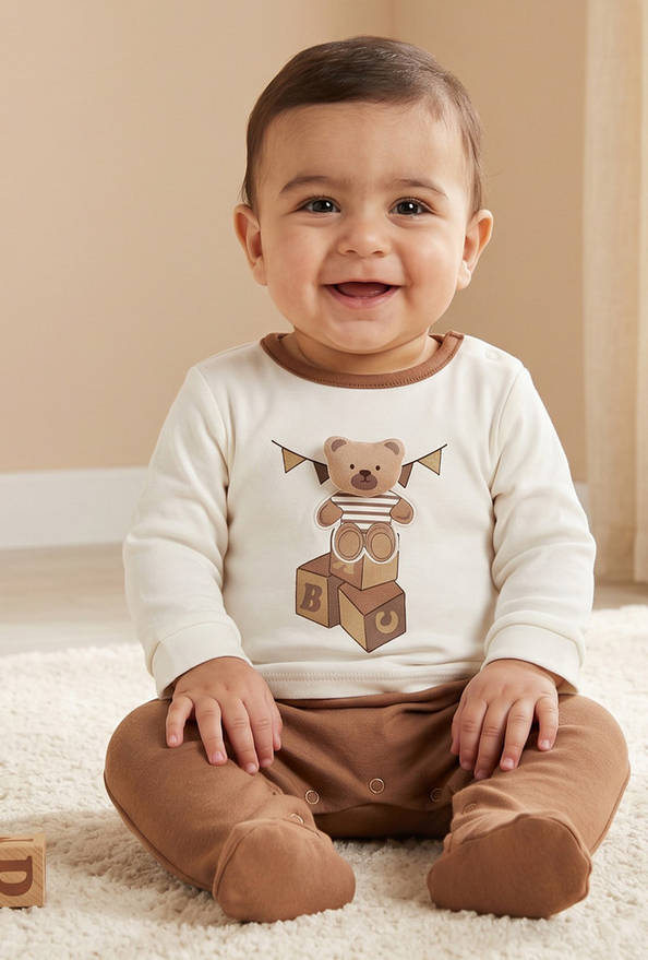 Juniors Cotton Round Neck Long Sleeves Sleepsuit with Teddy Bear Print