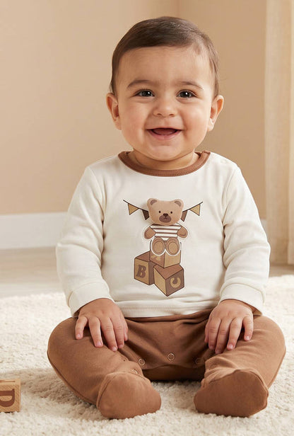 Juniors Cotton Round Neck Long Sleeves Sleepsuit with Teddy Bear Print