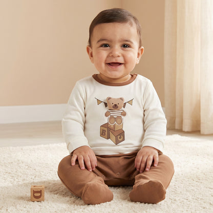 Juniors Cotton Round Neck Long Sleeves Sleepsuit with Teddy Bear Print - Brown / 9-12 mths