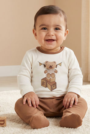 Juniors Cotton Round Neck Long Sleeves Sleepsuit with Teddy Bear Print