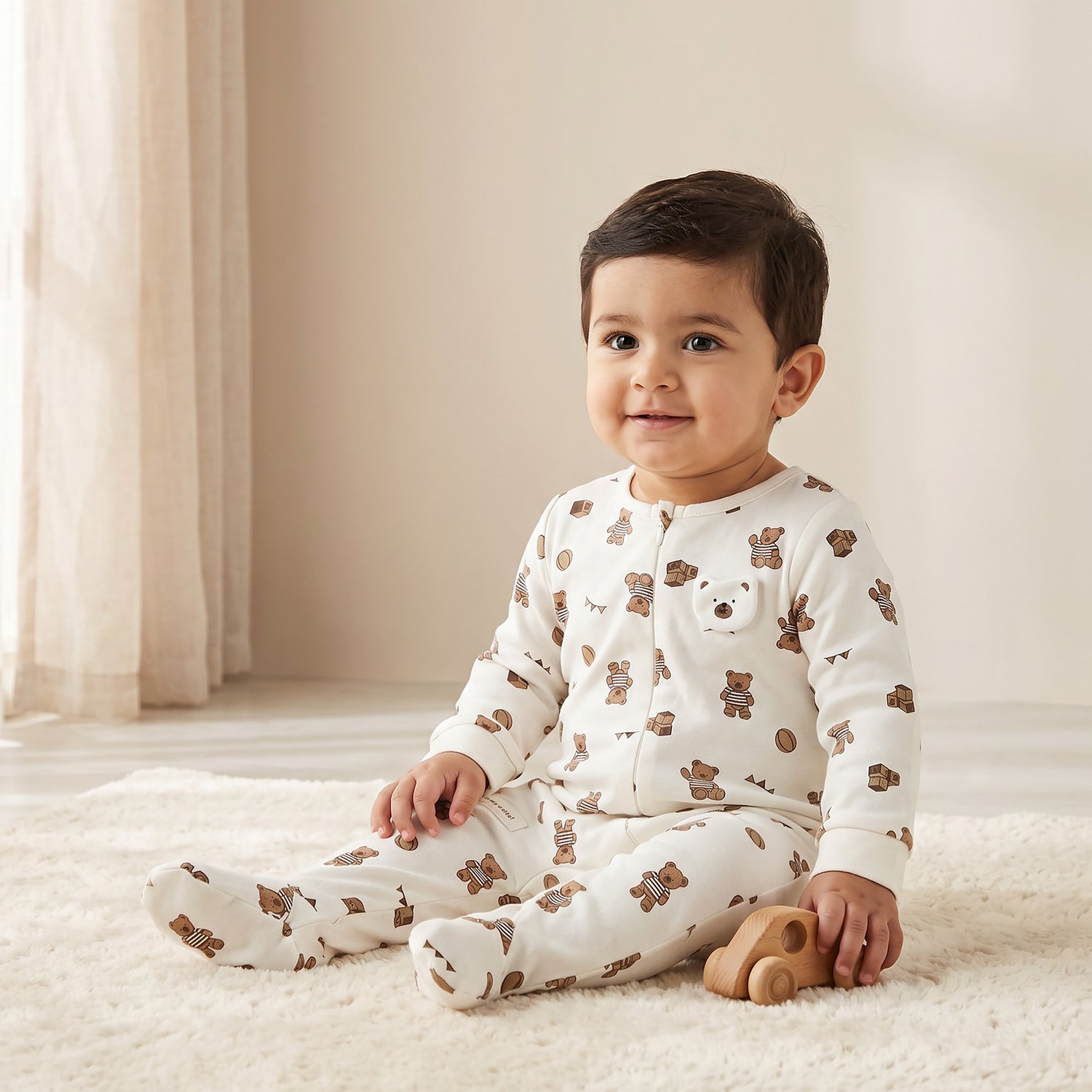 Juniors Cotton Round Neck Long Sleeves Sleepsuit with Bear Print - White / 9-12 mths