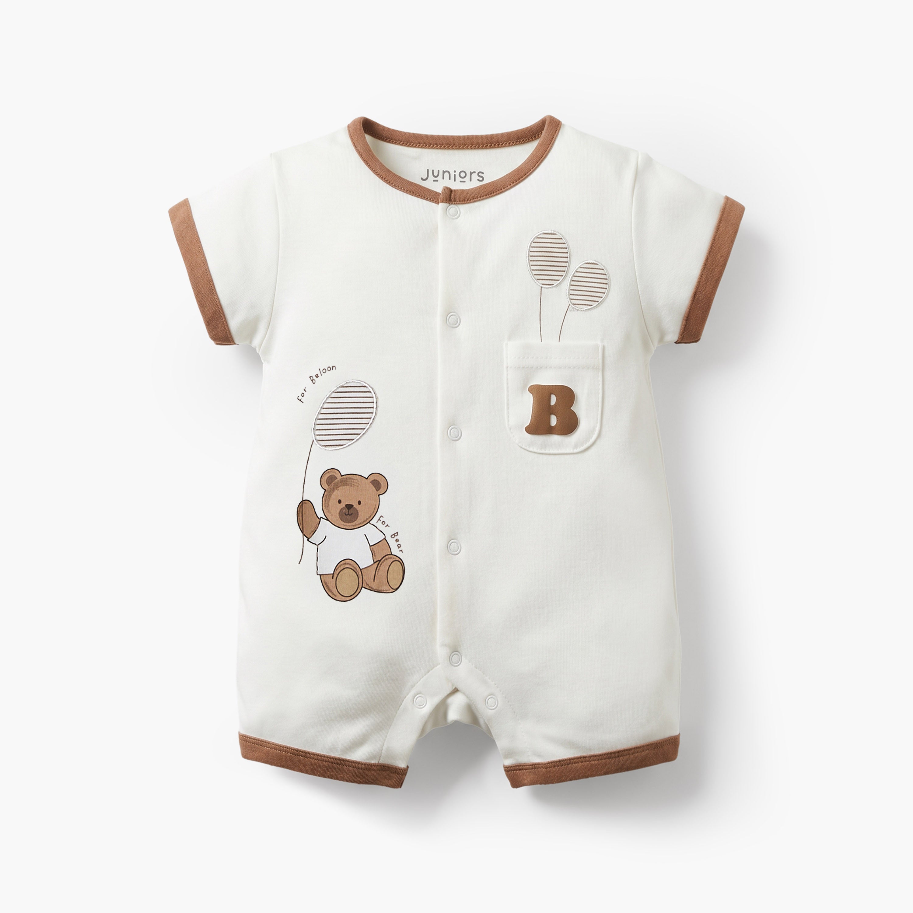 Juniors Crew Neck Short Sleeves Romper with Bear Print - White / 12-18 mths