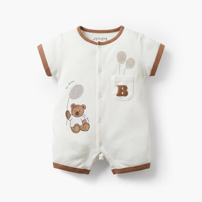 Juniors Crew Neck Short Sleeves Romper with Bear Print - White / 12-18 mths