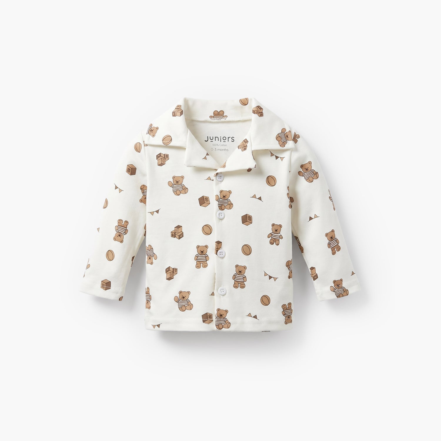 Juniors Cotton Collared Long Sleeves Pyjama Set with Teddy Bear Print