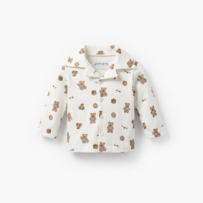 Juniors Cotton Collared Long Sleeves Pyjama Set with Teddy Bear Print