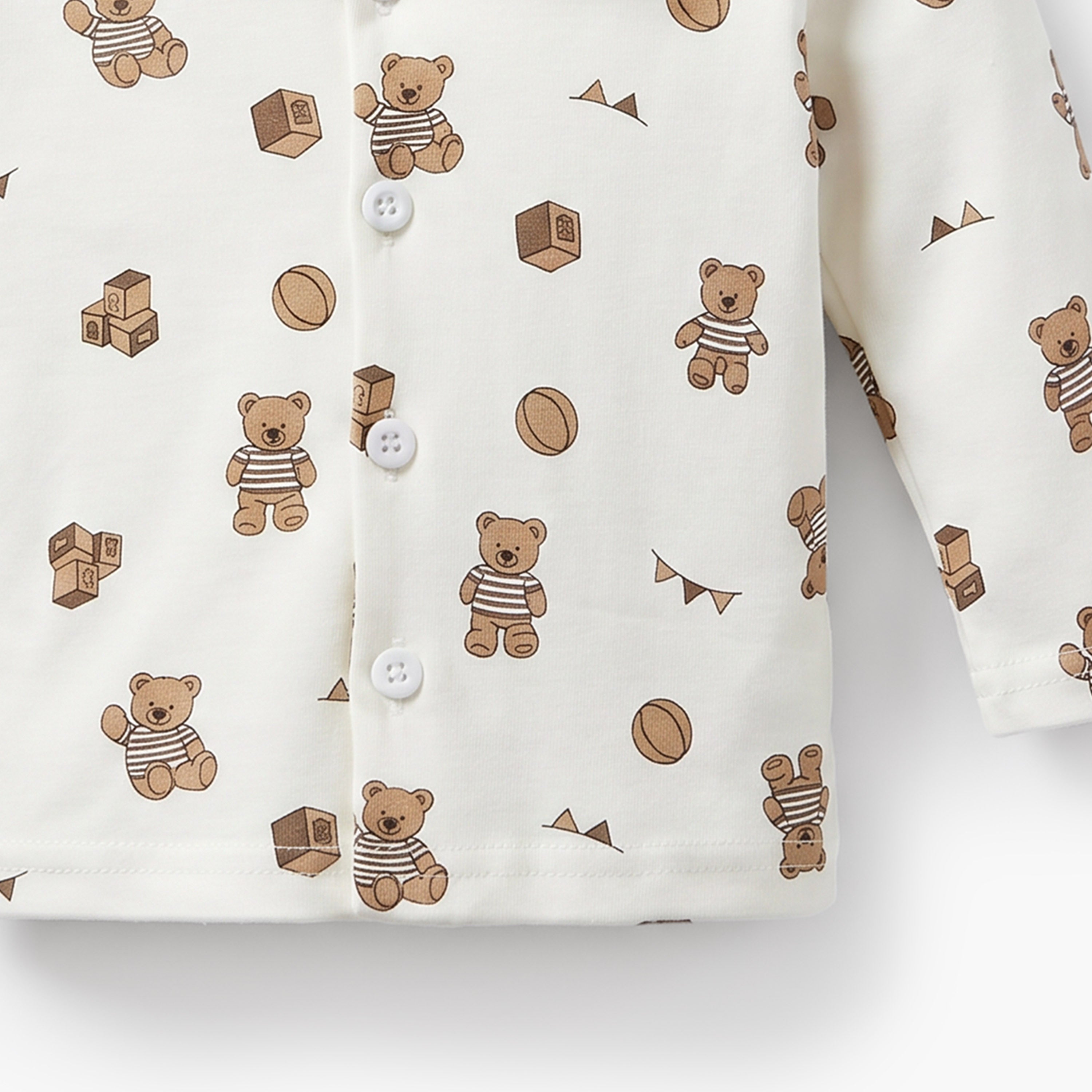 Juniors Cotton Collared Long Sleeves Pyjama Set with Teddy Bear Print