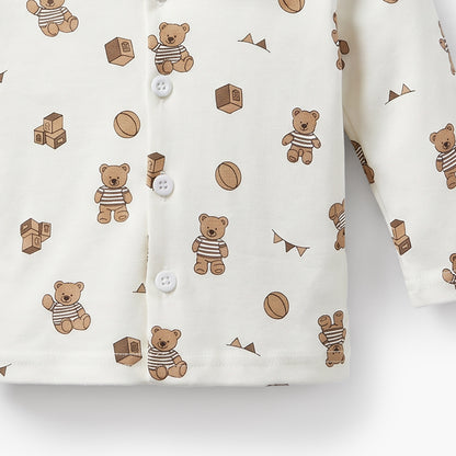 Juniors Cotton Collared Long Sleeves Pyjama Set with Teddy Bear Print