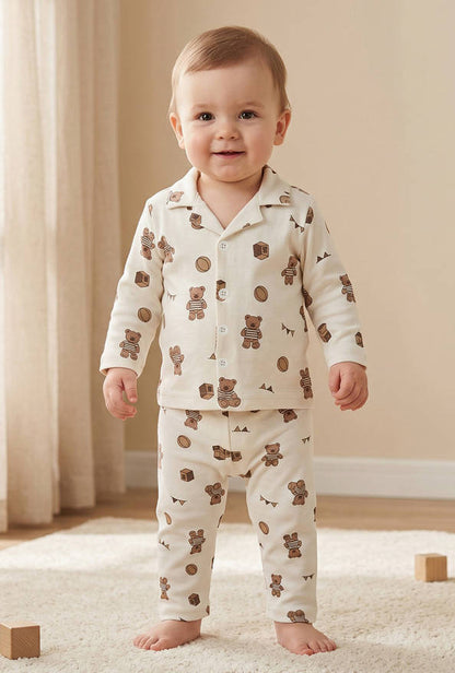 Juniors Cotton Collared Long Sleeves Pyjama Set with Teddy Bear Print