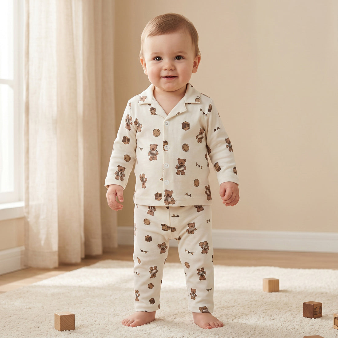Juniors Cotton Collared Long Sleeves Pyjama Set with Teddy Bear Print - White / 12-18 mths